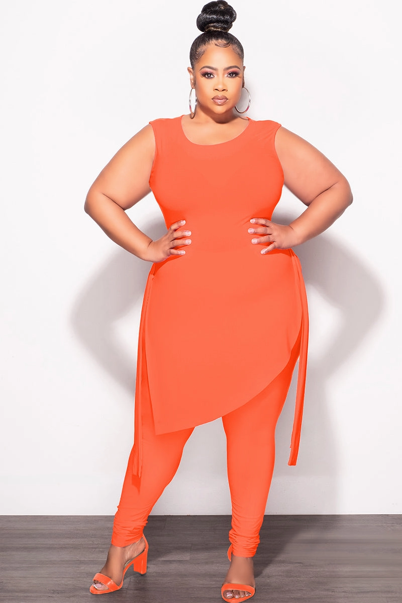 Final Sale Plus Size 2pc Sleeveless Top and Pants Set in Orange No Ride