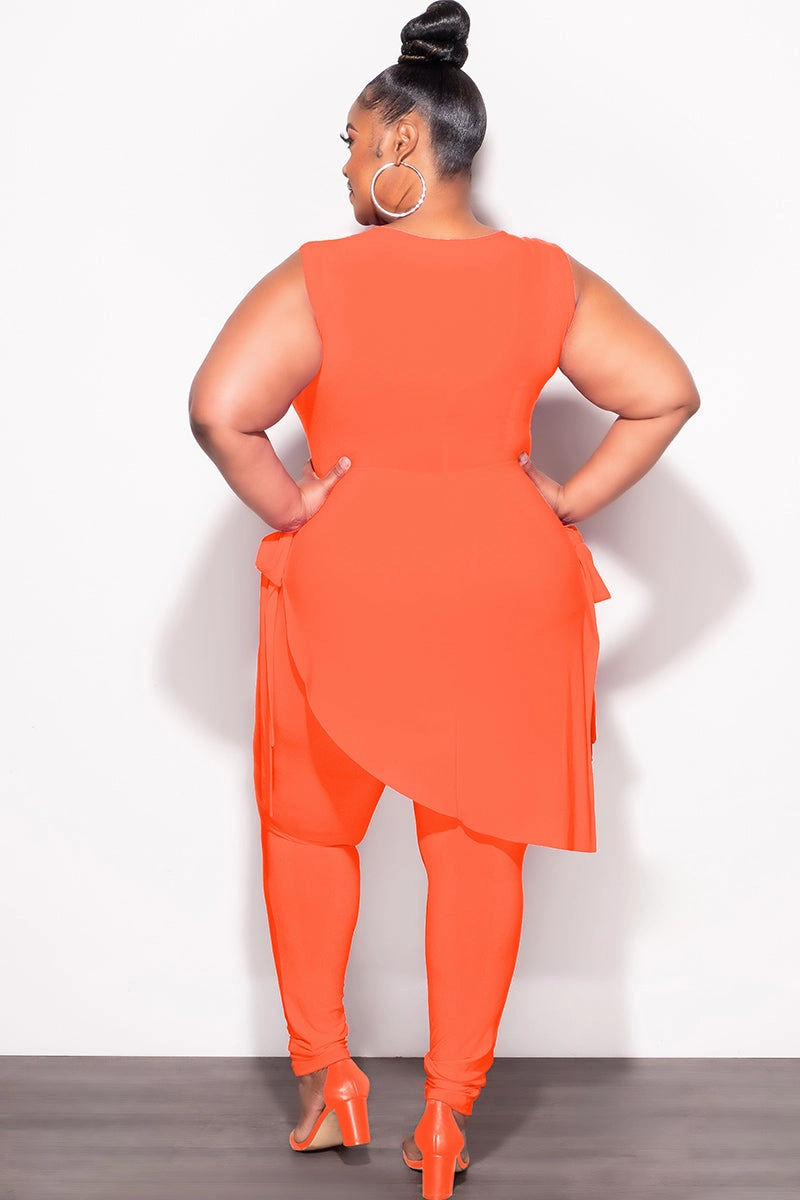 Final Sale Plus Size 2pc Sleeveless Top and Pants Set in Orange Casual Chic Look Side slits