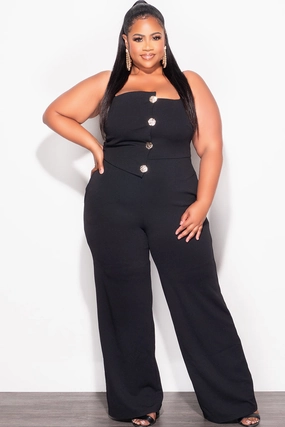 Final Sale Plus Size Spaghetti Strap Jumpsuit with Gold Button Detail in Black SeamlessPockets