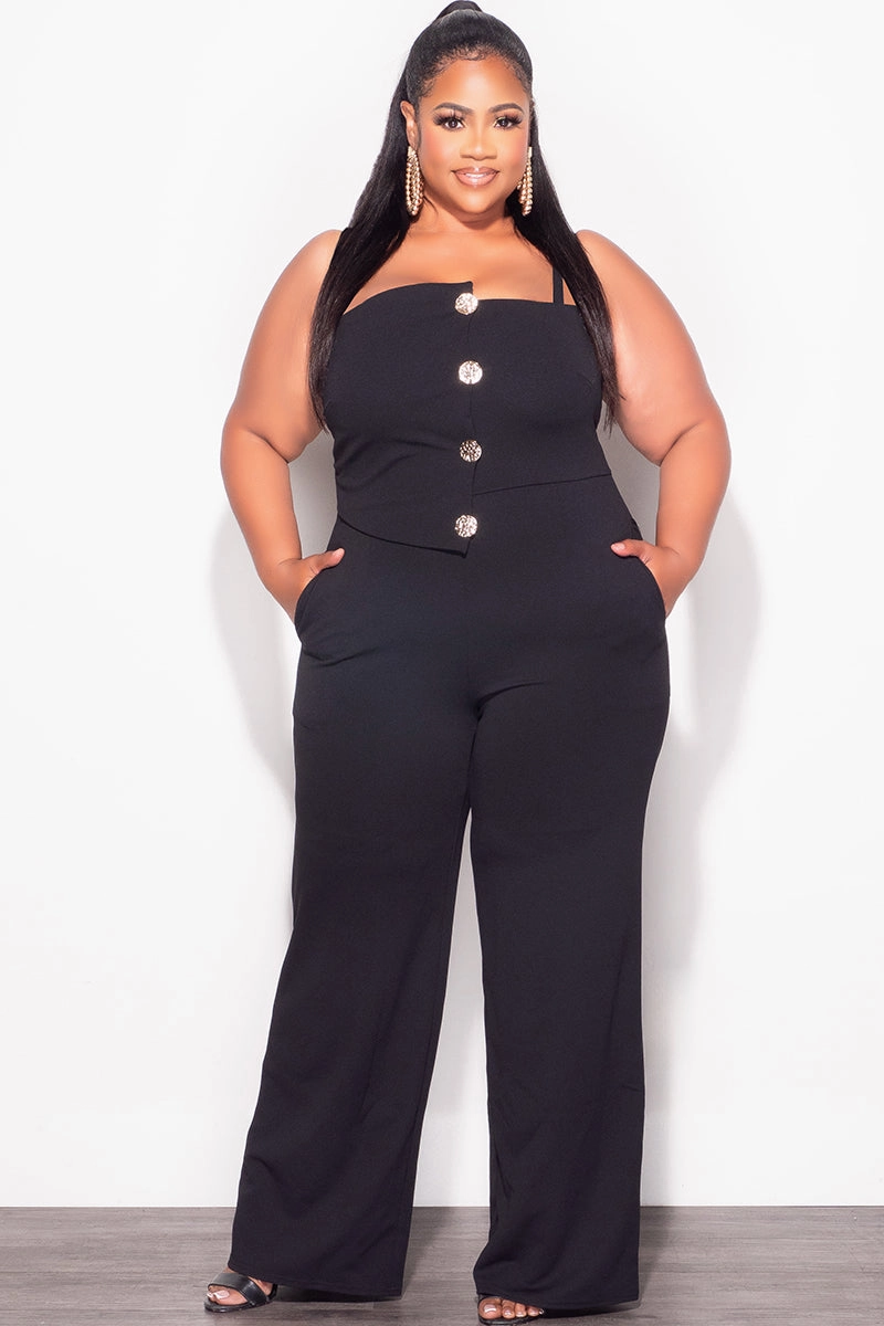 Lightweight Design UVProtection Final Sale Plus Size Spaghetti Strap Jumpsuit with Gold Button Detail in Black