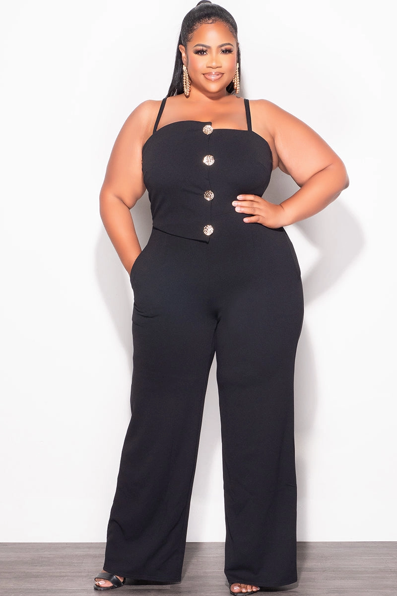 Final Sale Plus Size Spaghetti Strap Jumpsuit with Gold Button Detail in Black Abrasion Resistant Surface
