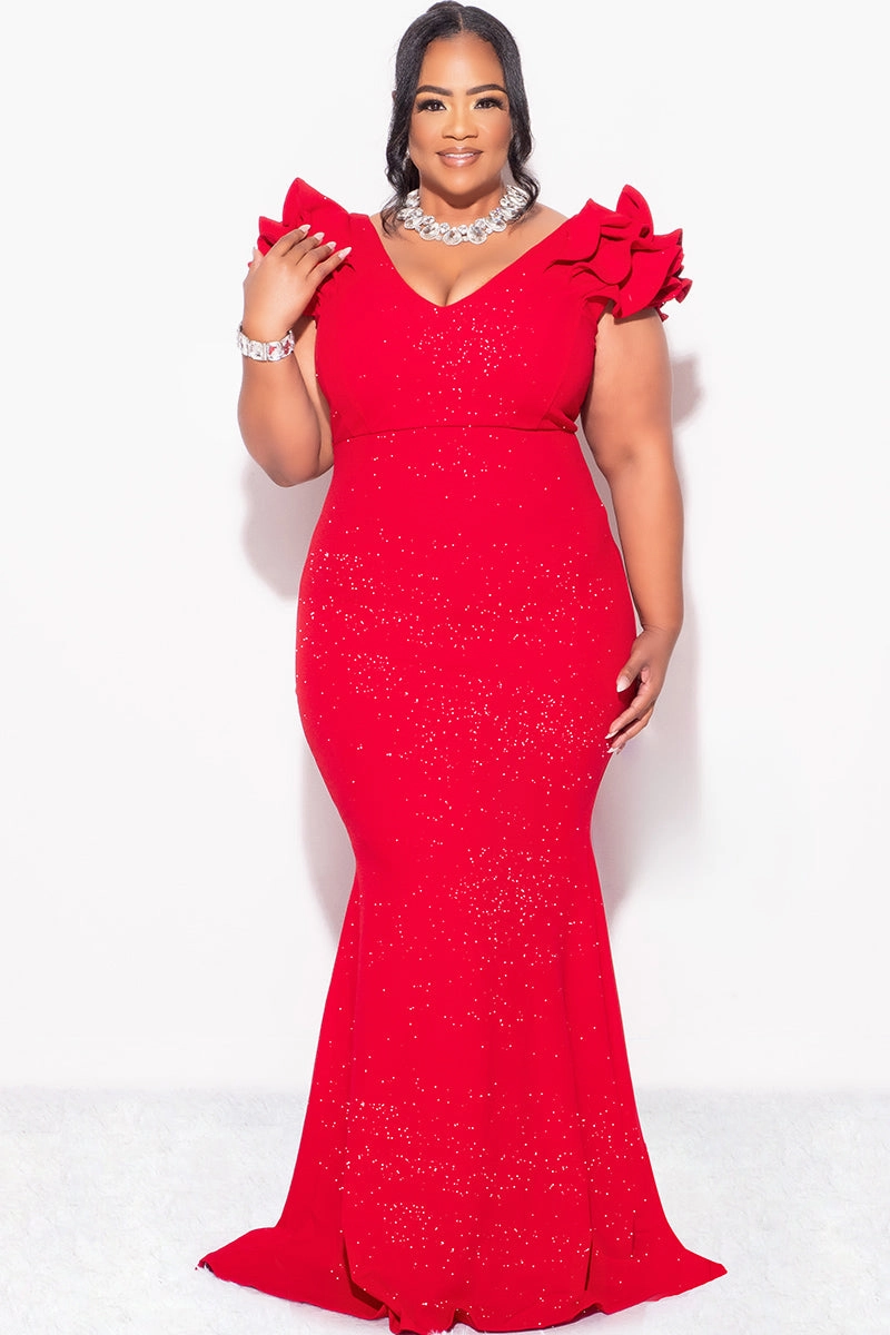 Final Sale Plus Size Gown with Layered Sleeves in Glitter Red Fabric Layer Ready Effortless Look