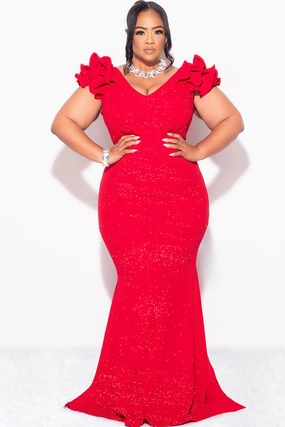 Perfectly Fit FourWayStretch Final Sale Plus Size Gown with Layered Sleeves in Glitter Red Fabric