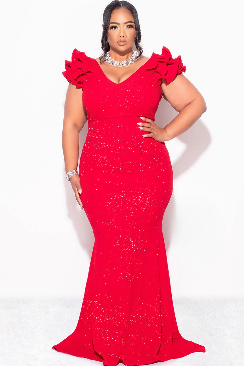 Final Sale Plus Size Gown with Layered Sleeves in Glitter Red Fabric Non Restrictive Breathable wear