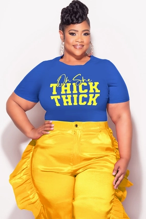 Final Sale Plus Size Blue Fitted T-Shirt Oh She Thick Thick in Yellow Neutral Style Street Inspired