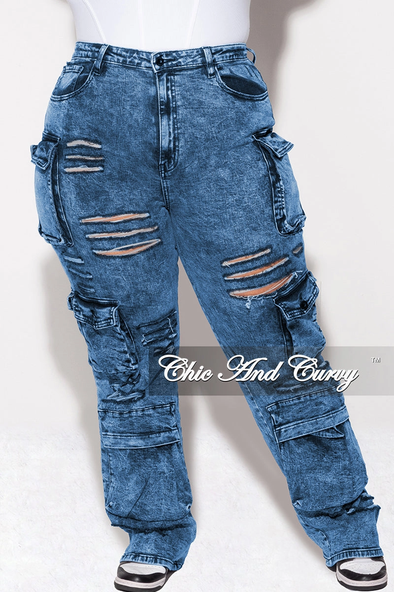 Comfort Fit Street Style Final Sale Plus Size Cargo Distressed Pants in Blue Wash Denim
