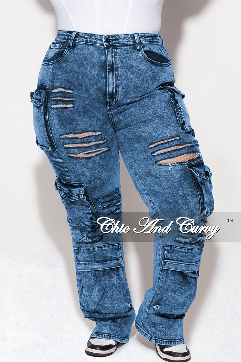 Durable Twill Everyday Essential Final Sale Plus Size Cargo Distressed Pants in Blue Wash Denim