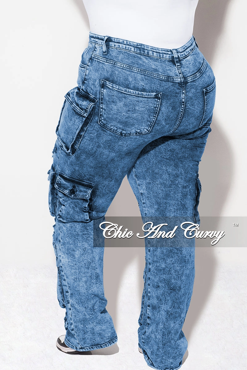 Final Sale Plus Size Cargo Distressed Pants in Blue Wash Denim Timeless Fit Moisture Management