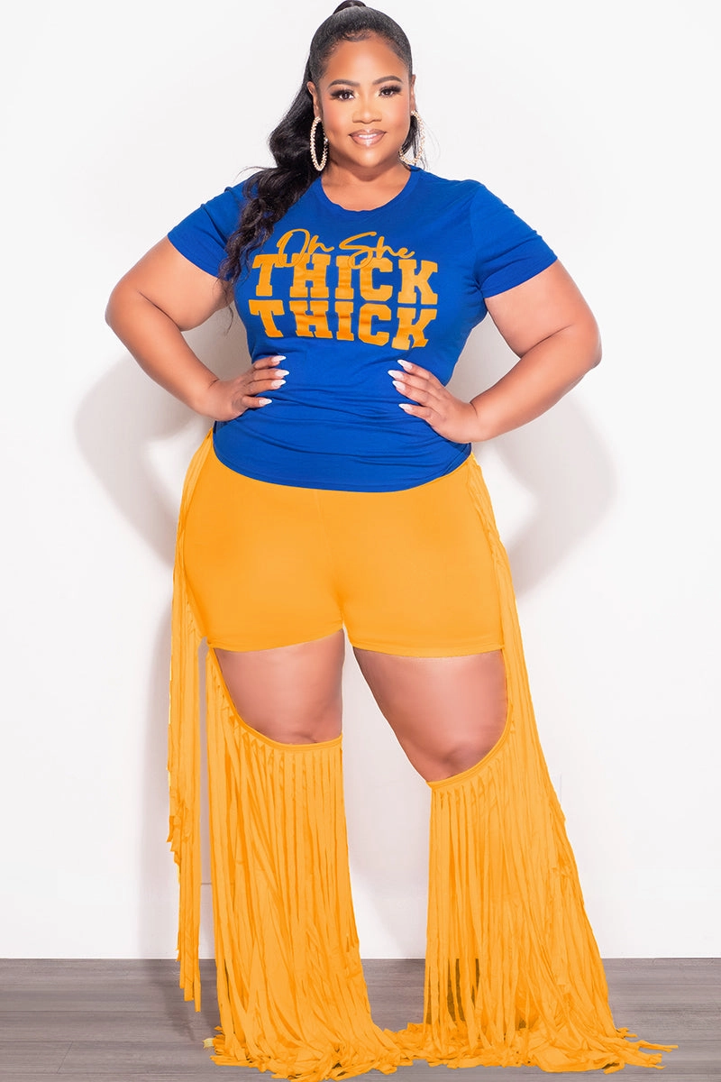 Flattering Shape Final Sale Plus Size High Waist Cutout Chaps with Fringe Trim Pants in Mustard Yellow