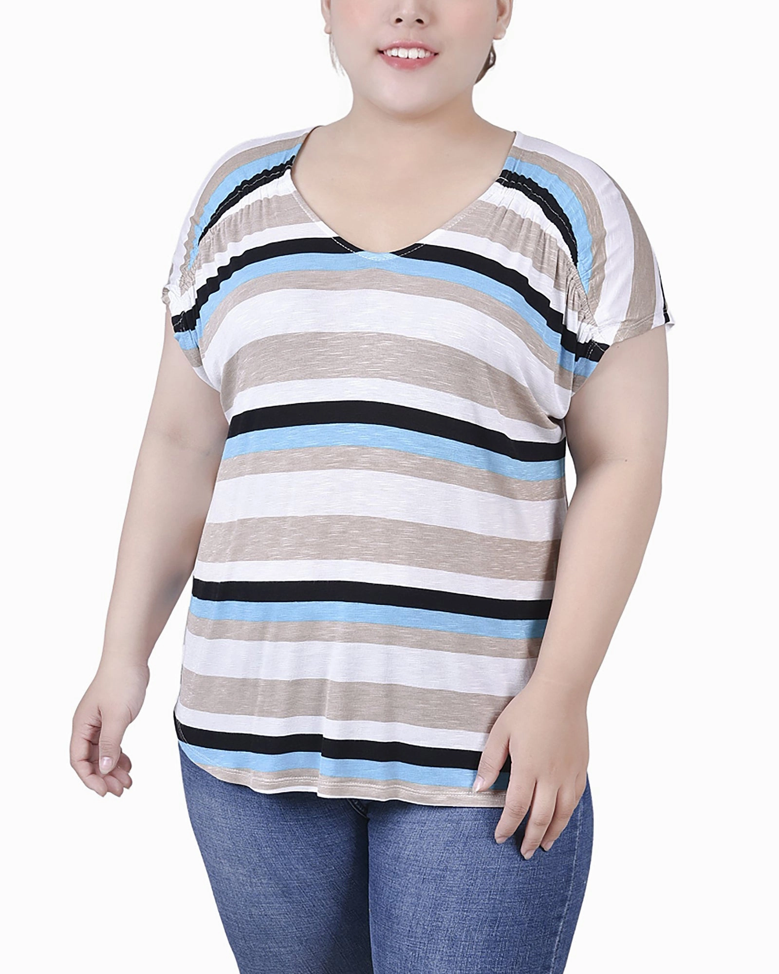 Durable Color Retention Plus Size Short Sleeve Striped V Neck Top