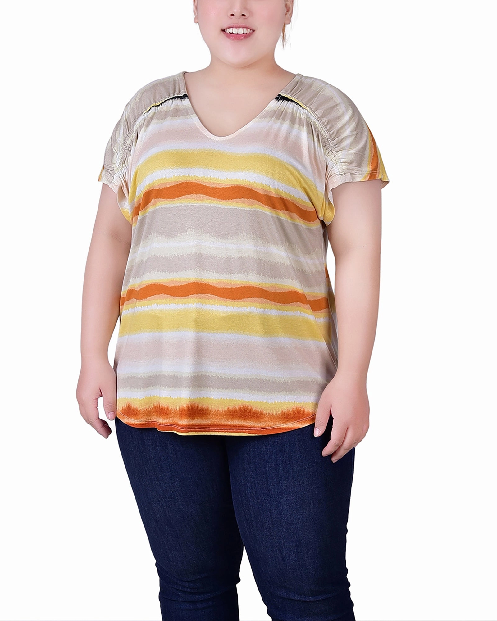 Plus Size Short Sleeve Striped V Neck Top QuickDrySystem