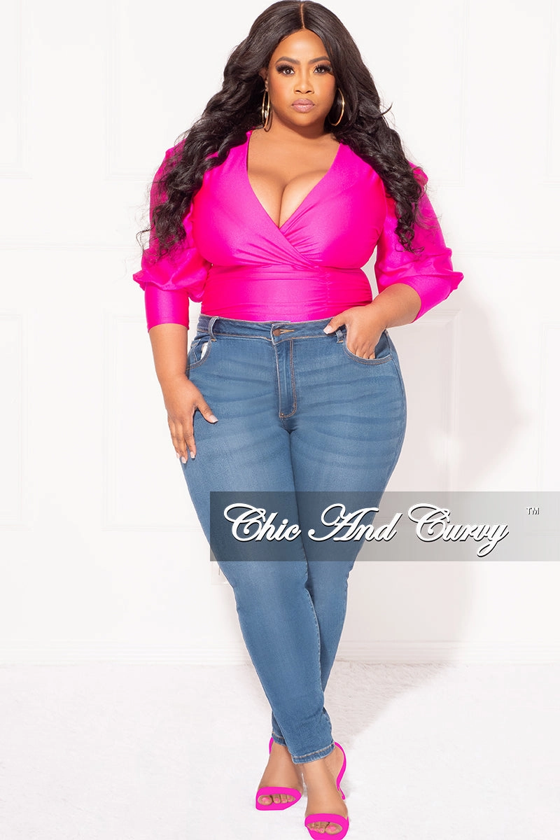 Sleek Appearance Ripstop Reinforcement Final Sale Plus Size Faux Bodysuit with Ruched Puffy Sleeves in Fuchsia