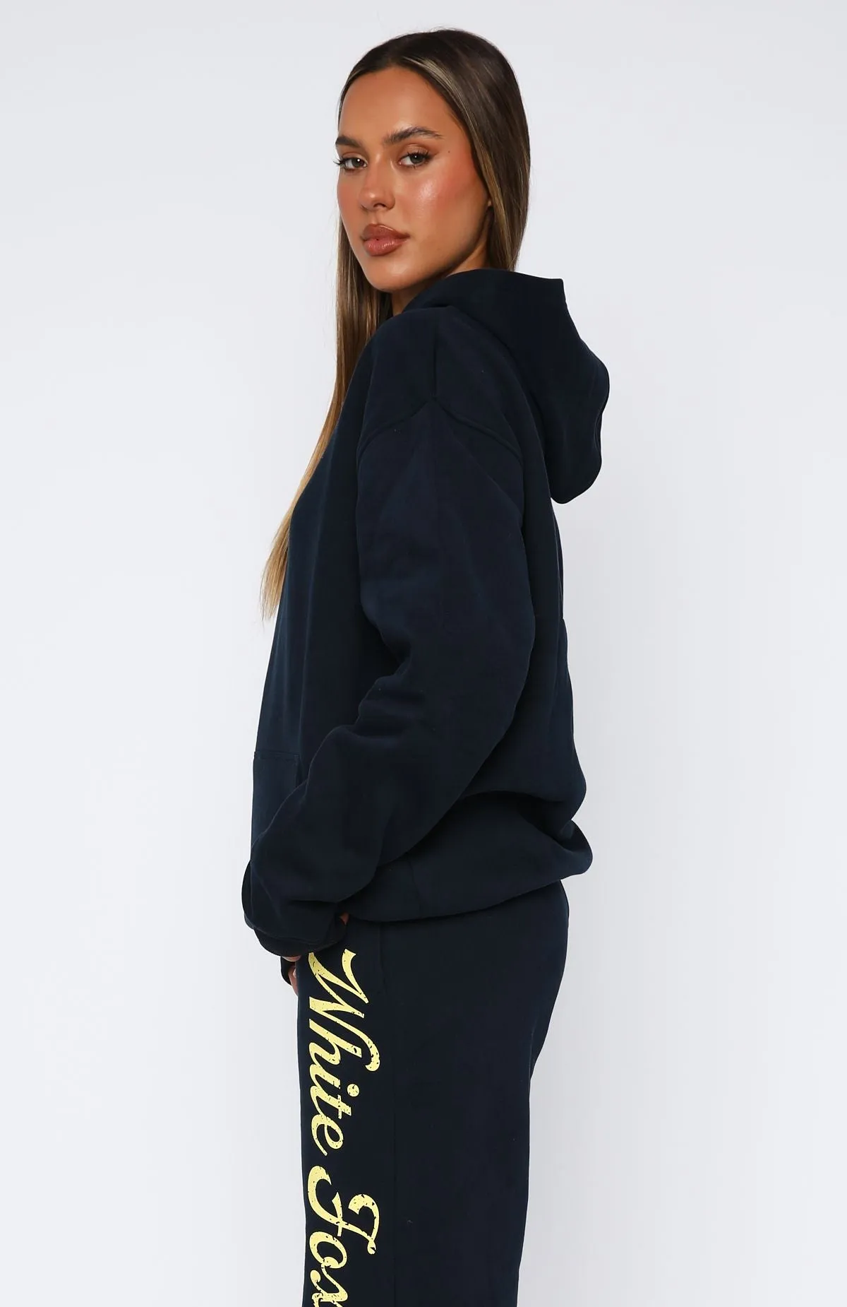 The Good Life Back Graphic Oversized Hoodie Navy Quick Layer Essential Look