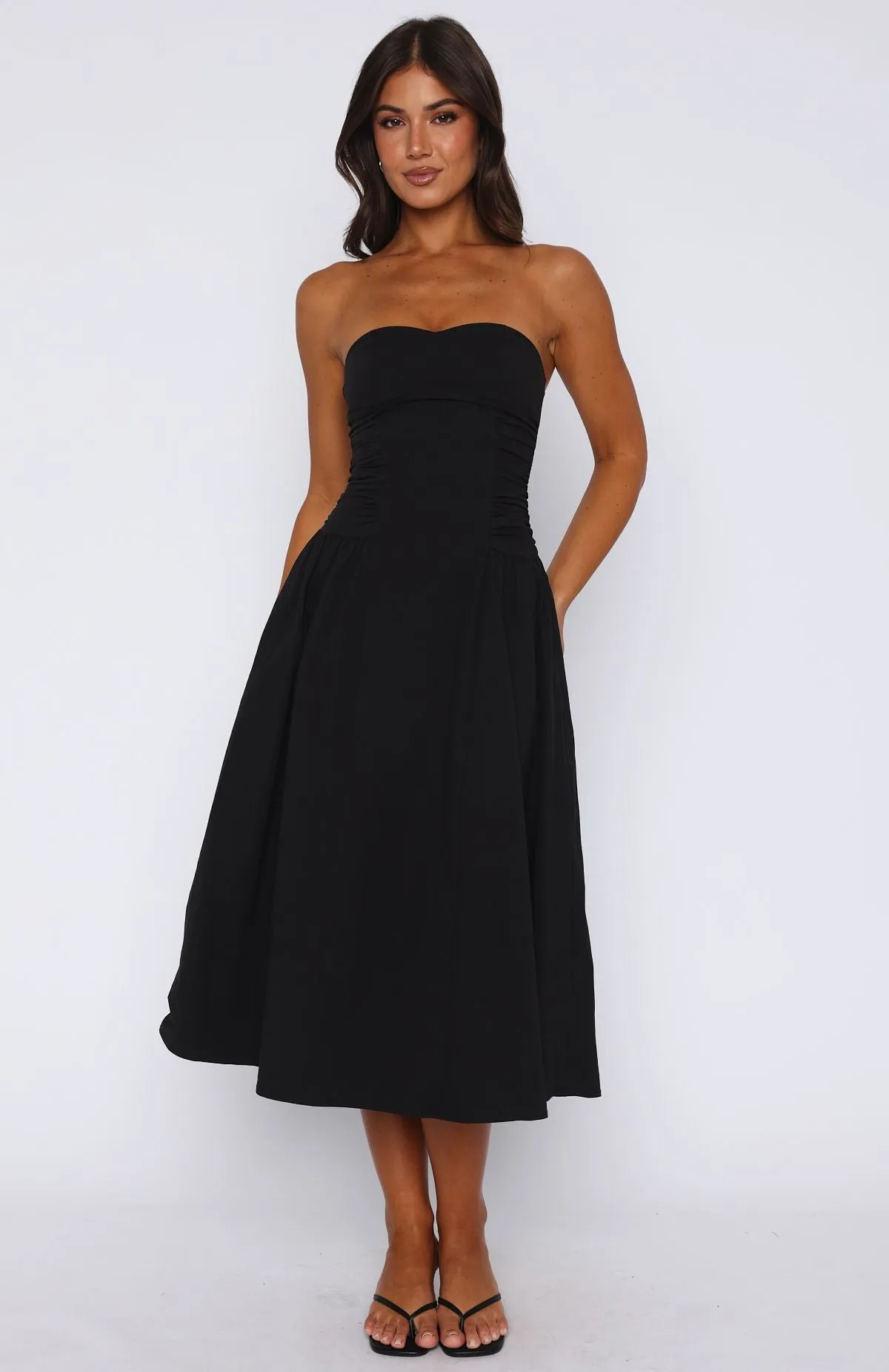 Rich In Love Strapless Midi Dress Black Durable Double Stitching Layered Hem Reinforcement