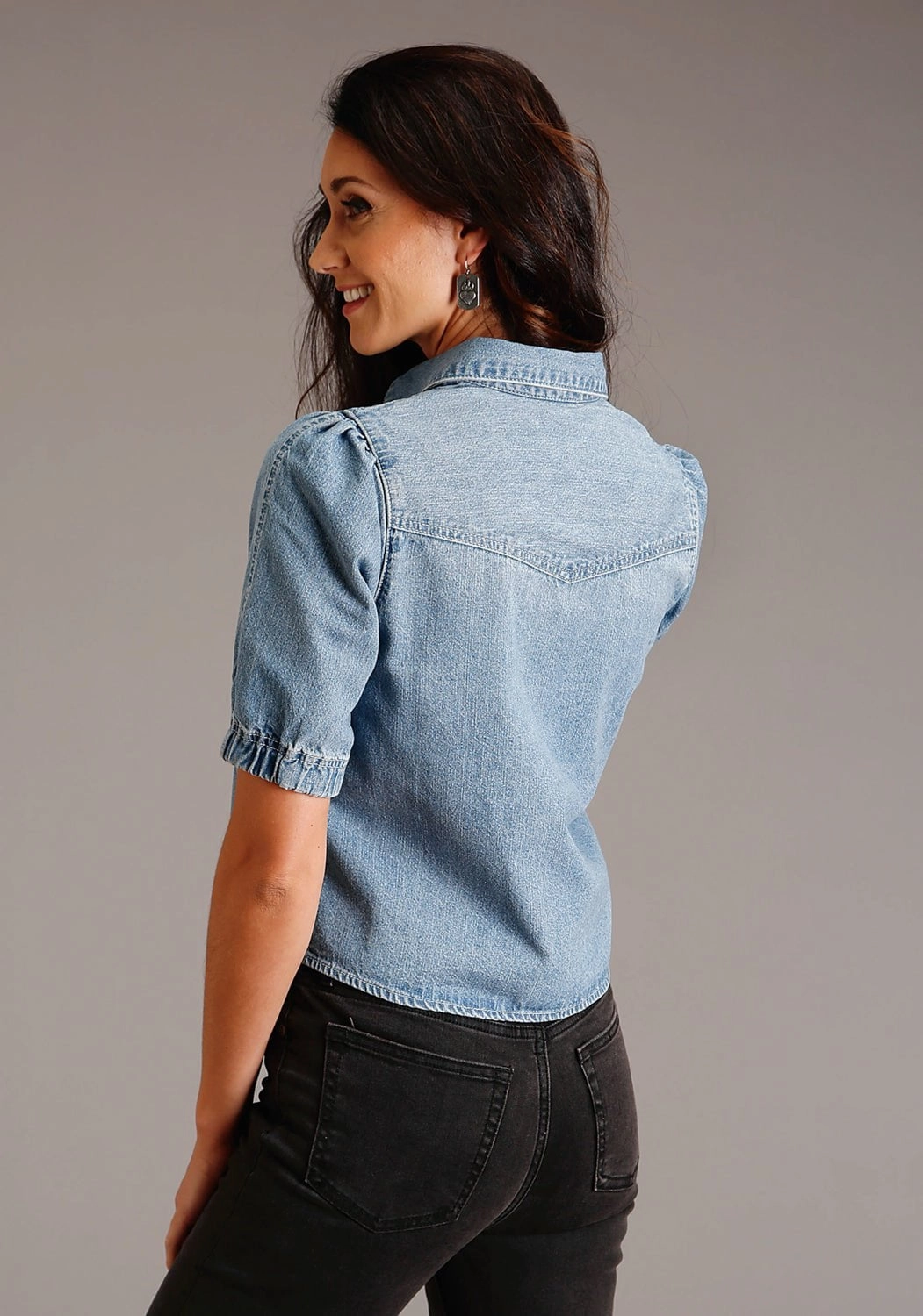 Tailored Silhouette Business casual Stetson Womens Denim Crop Blue 100% Cotton S/S Shirt