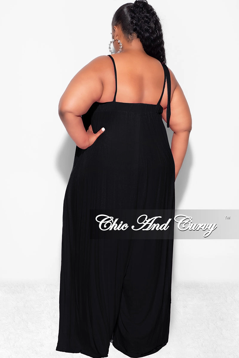 Soft Fabric Flexible Performance Final Sale Plus Size Oversized Jumpsuit with Self Tie Straps in Black Emma
