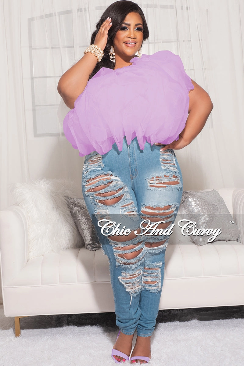 Final Sale Plus Size Sleeveless Ruffle Tulle Crop Top Blouse in Lavender ThermalInsulation Active Design Wear