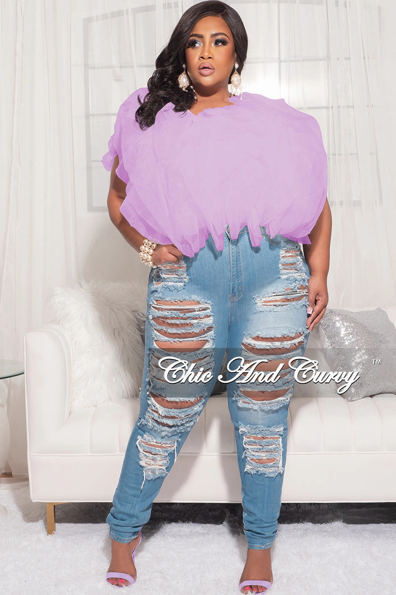 Final Sale Plus Size Sleeveless Ruffle Tulle Crop Top Blouse in Lavender Day-to-Day Wear