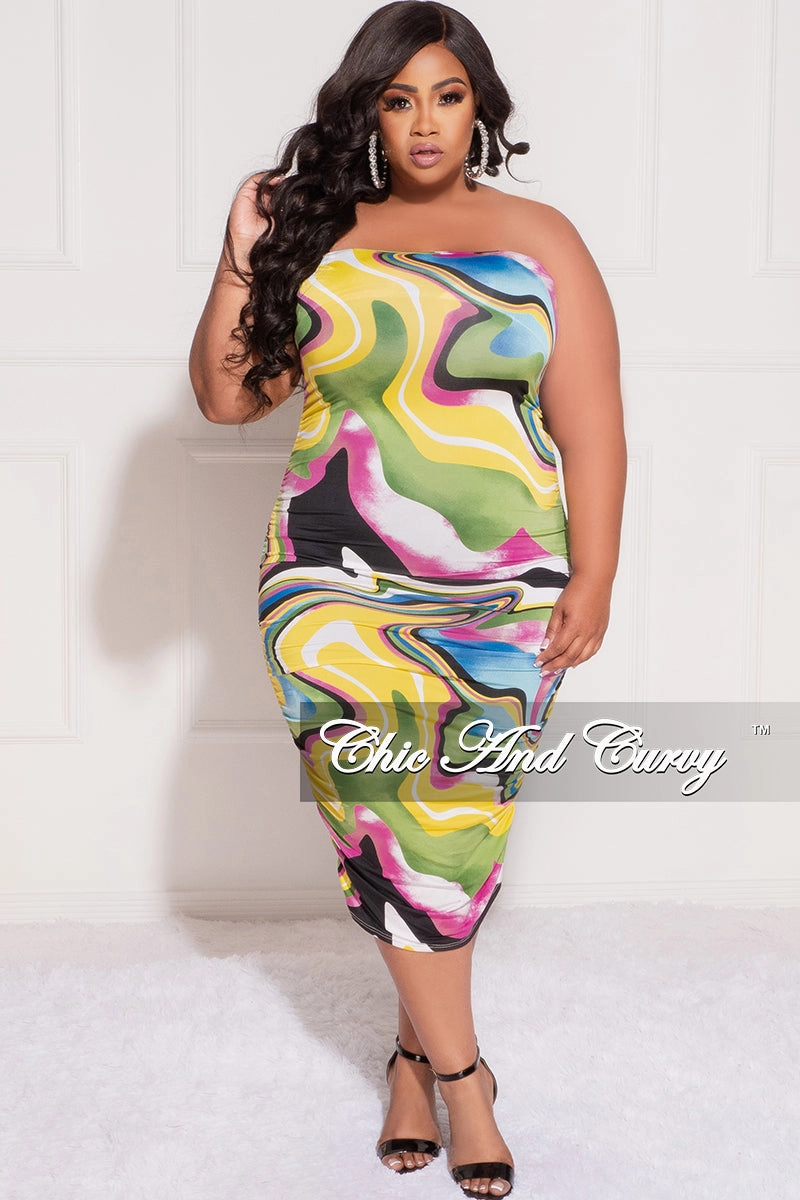 Final Sale Plus Size Strapless Tube BodyCon Dress in Yellow, Green and Fucshia Print Comfortable Fashion Relaxed Lines