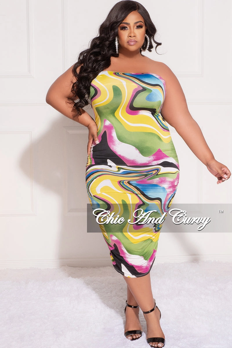 Final Sale Plus Size Strapless Tube BodyCon Dress in Yellow, Green and Fucshia Print Elastic Free Cuffs AntiSlipWaistband