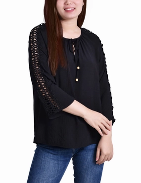 Petite 3/4 Sleeve Crochet Detail Blouse Cozy Knit
