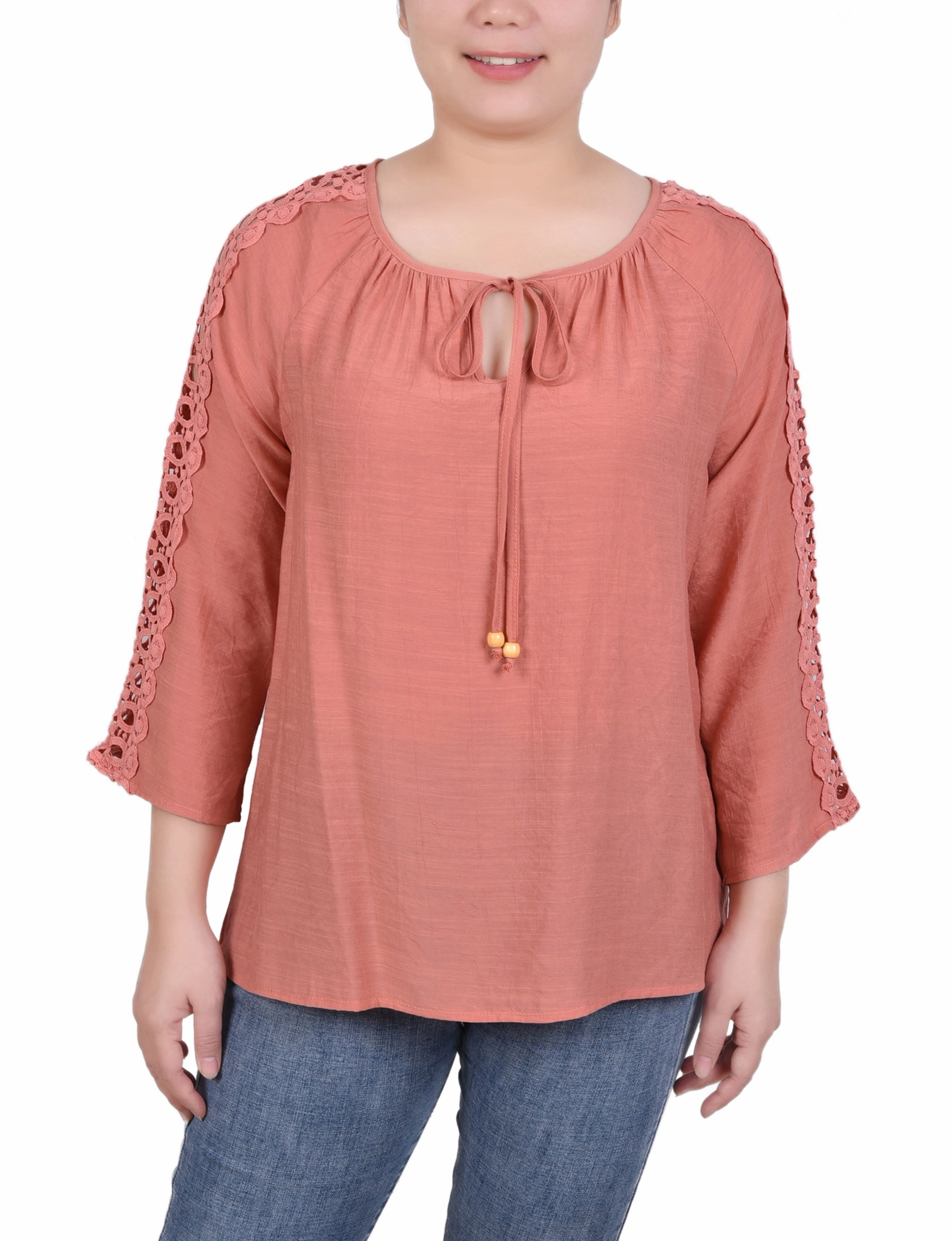 Petite 3/4 Sleeve Crochet Detail Blouse Printed Blouse RibbedTexture