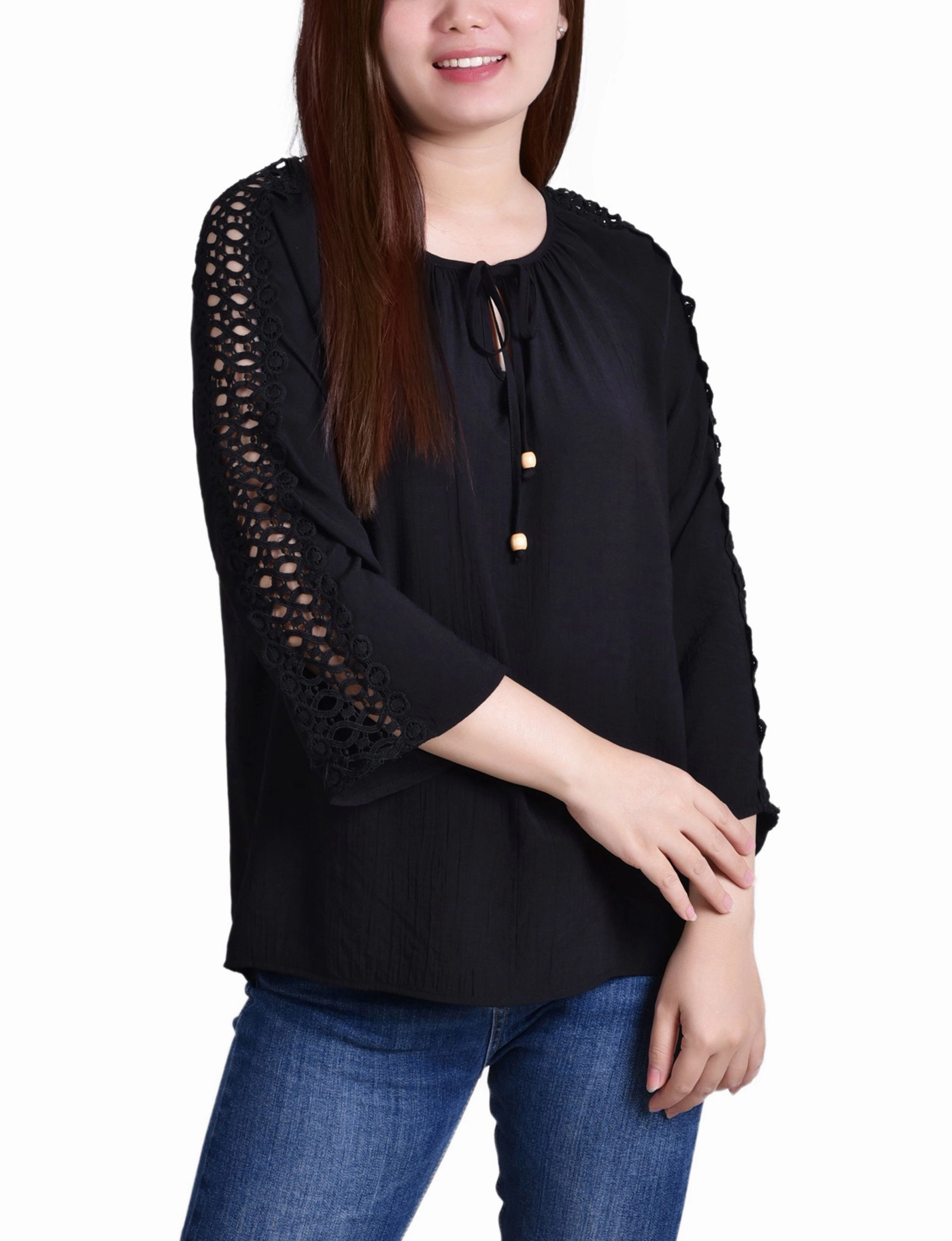 DropShoulder Petite 3/4 Sleeve Crochet Detail Blouse