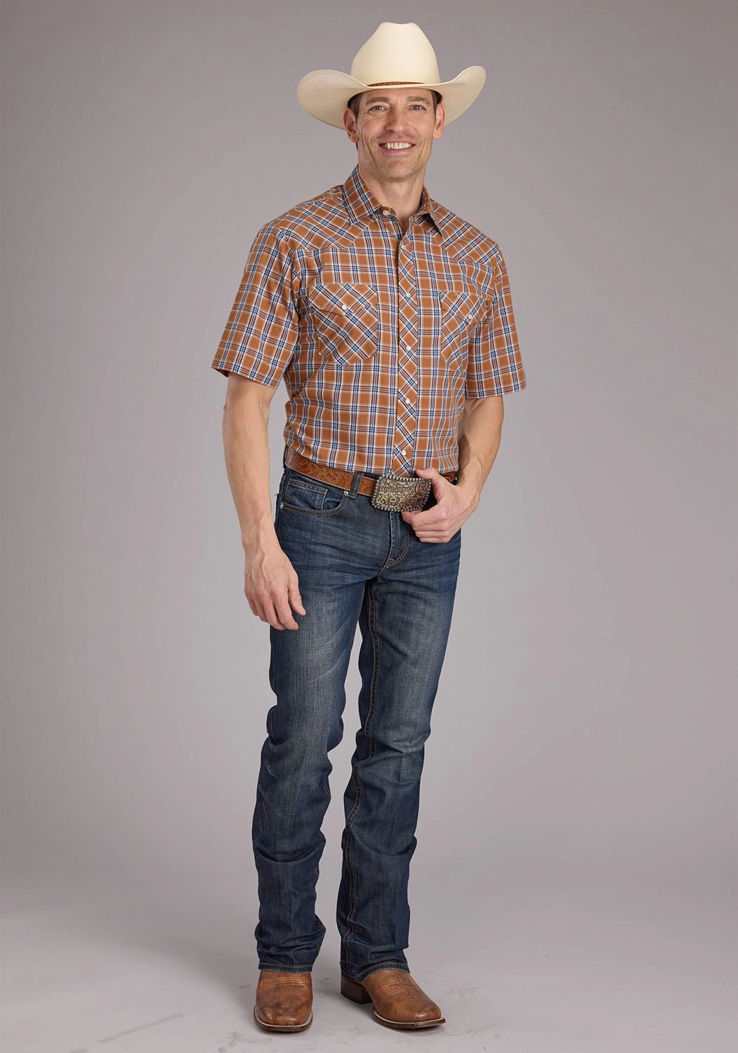 Spring Collection Bold Hue Roper Mens 2411 Plaid Rust Cotton Blend S/S Shirt