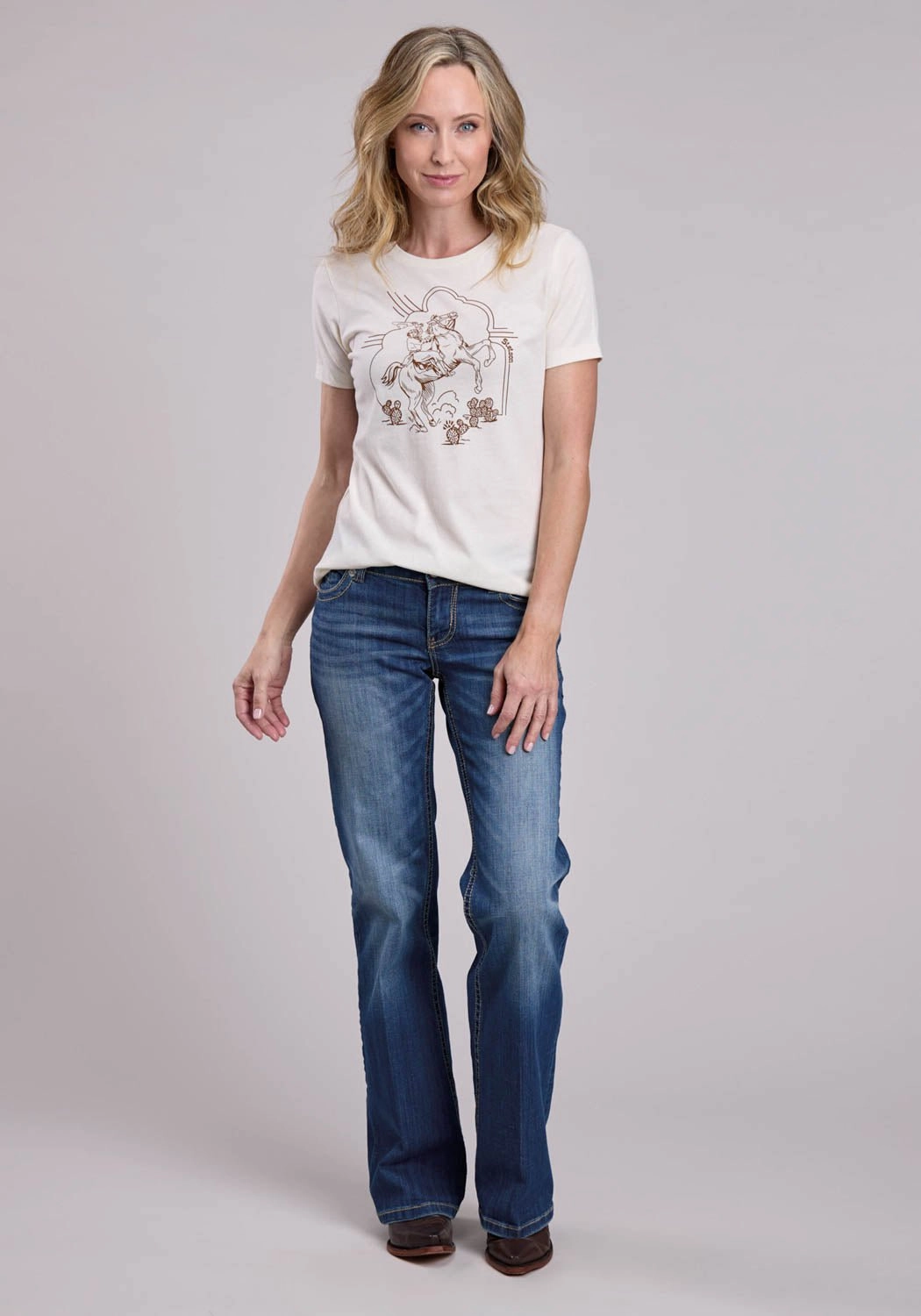 Stetson Womens Rearing Cowgirl Natural Cotton Blend S/S T-Shirt Relaxed Silhouette