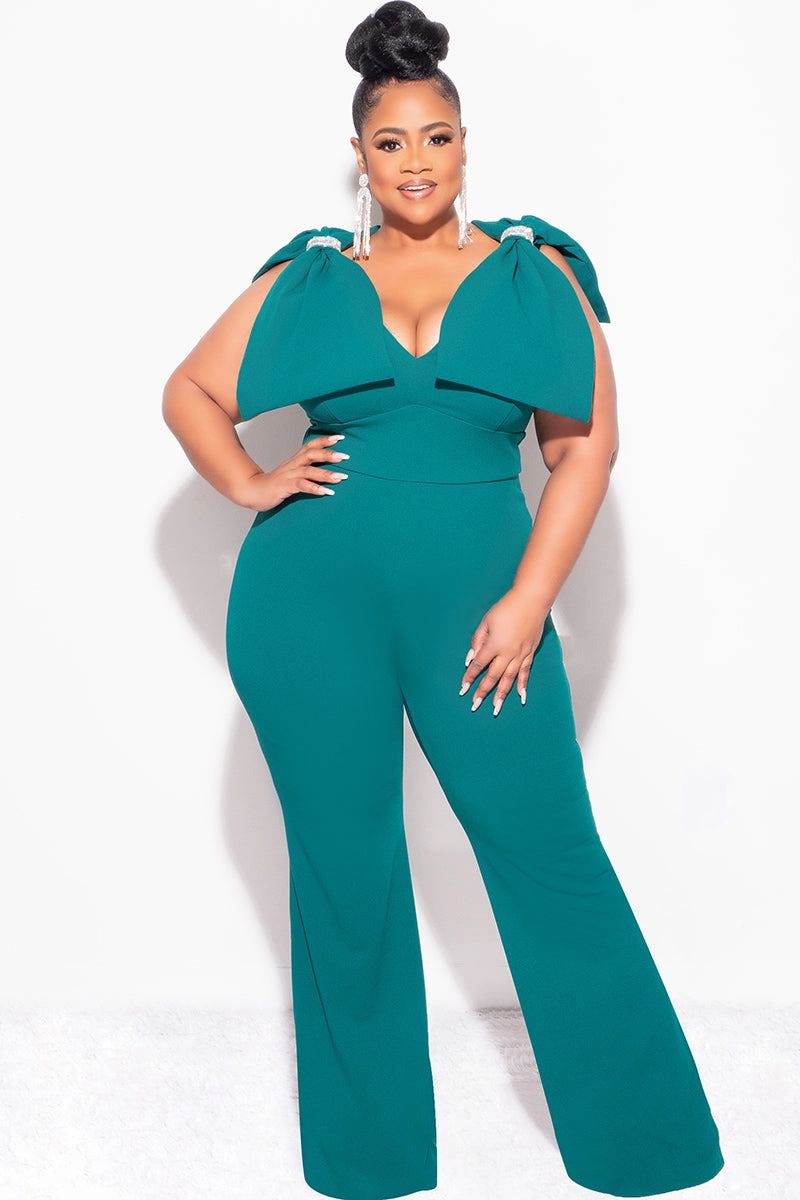 Final Sale Plus Size Jumpsuit with Bow on Shoulders in Green Flexible Layer Fit