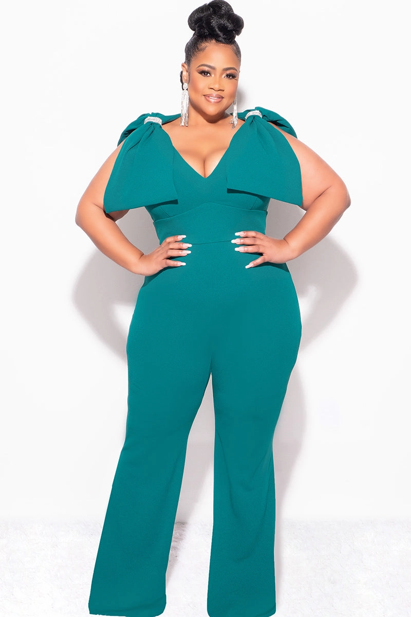 Ultra Soft Inner Layer Trail Ready Final Sale Plus Size Jumpsuit with Bow on Shoulders in Green