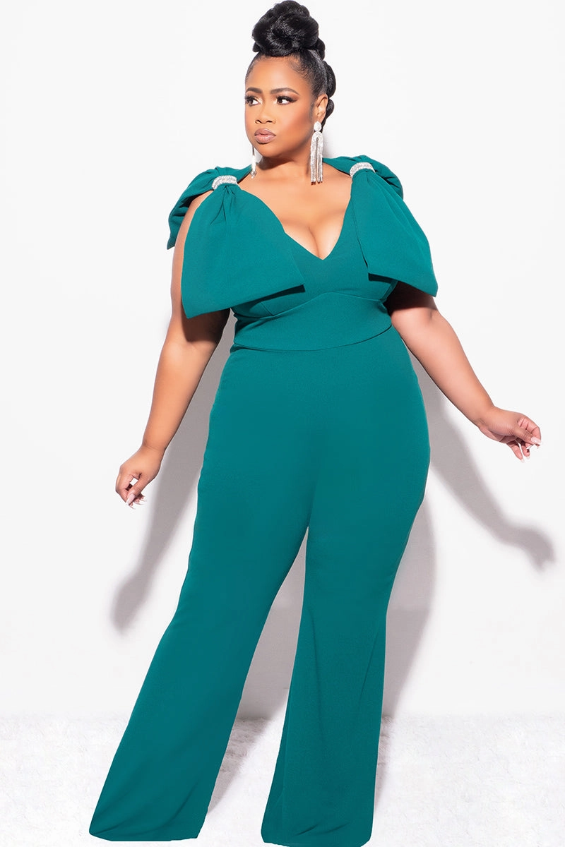 Final Sale Plus Size Jumpsuit with Bow on Shoulders in Green Functional Fit