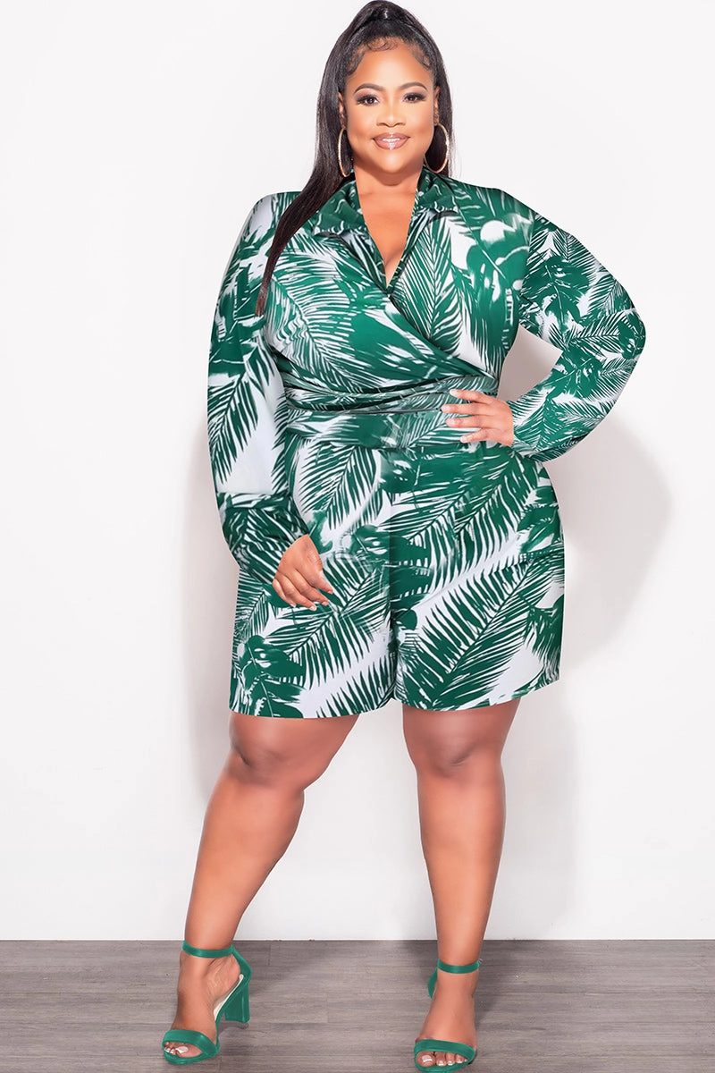 Workout Ready Final Sale Plus Size 2pc Crop Top & Bermuda Short Set in Green Palm Print