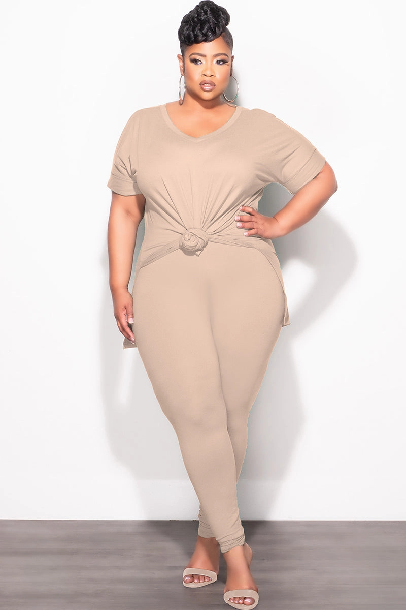 Final Sale Plus Size 2pc V-Neck Tunic Top and Matching Legging Set in Light Mocha Erasable Logo Patch TemperatureRegulation