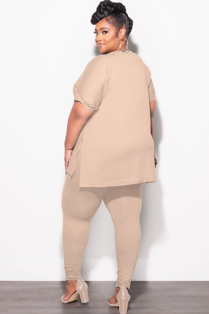 Stretch Comfort QuickReleaseFastenings Final Sale Plus Size 2pc V-Neck Tunic Top and Matching Legging Set in Light Mocha