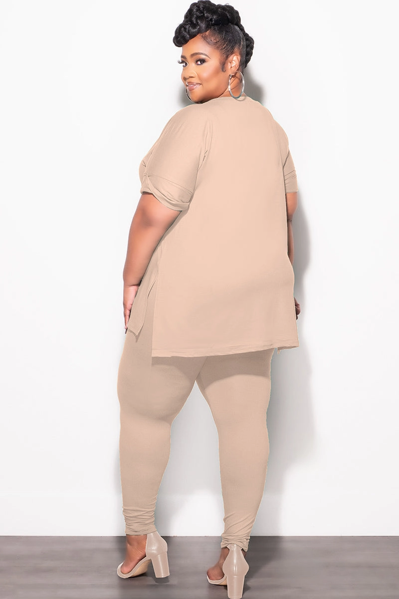 Final Sale Plus Size 2pc V-Neck Tunic Top and Matching Legging Set in Light Mocha Comfy Look Fast Move