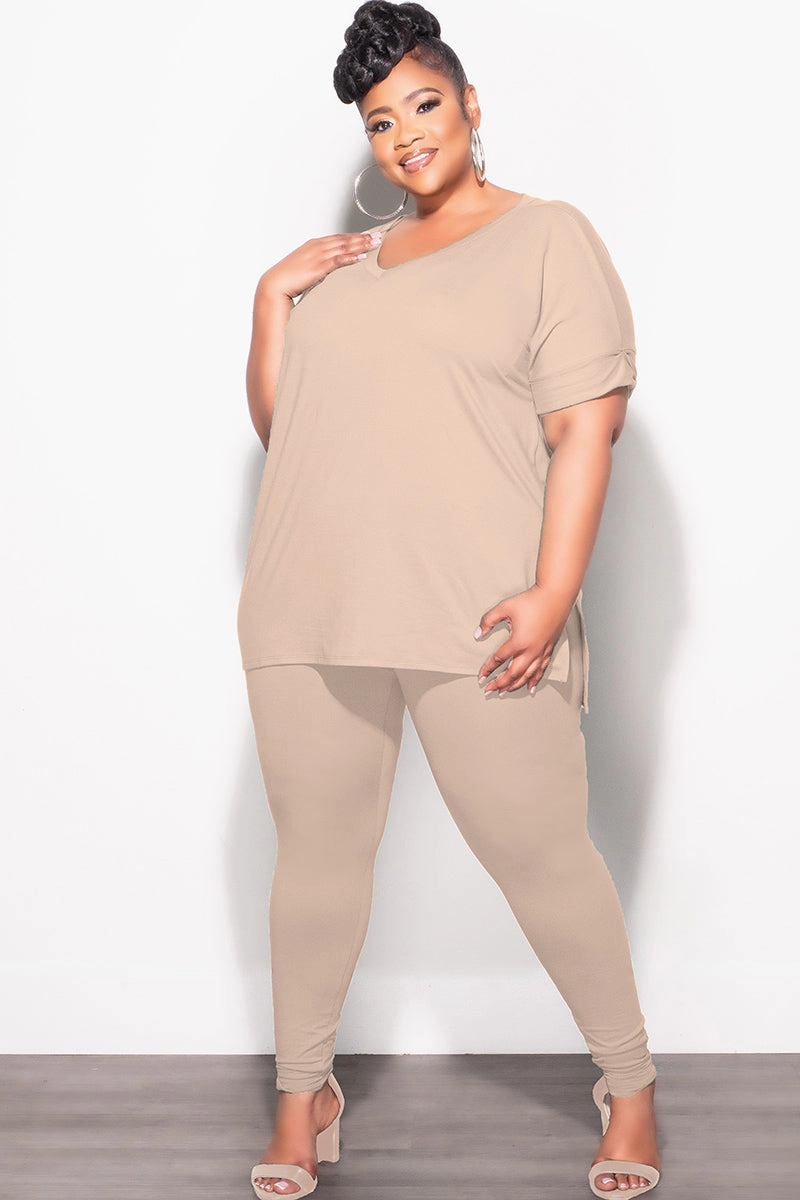Final Sale Plus Size 2pc V-Neck Tunic Top and Matching Legging Set in Light Mocha Breathable Performance Wear