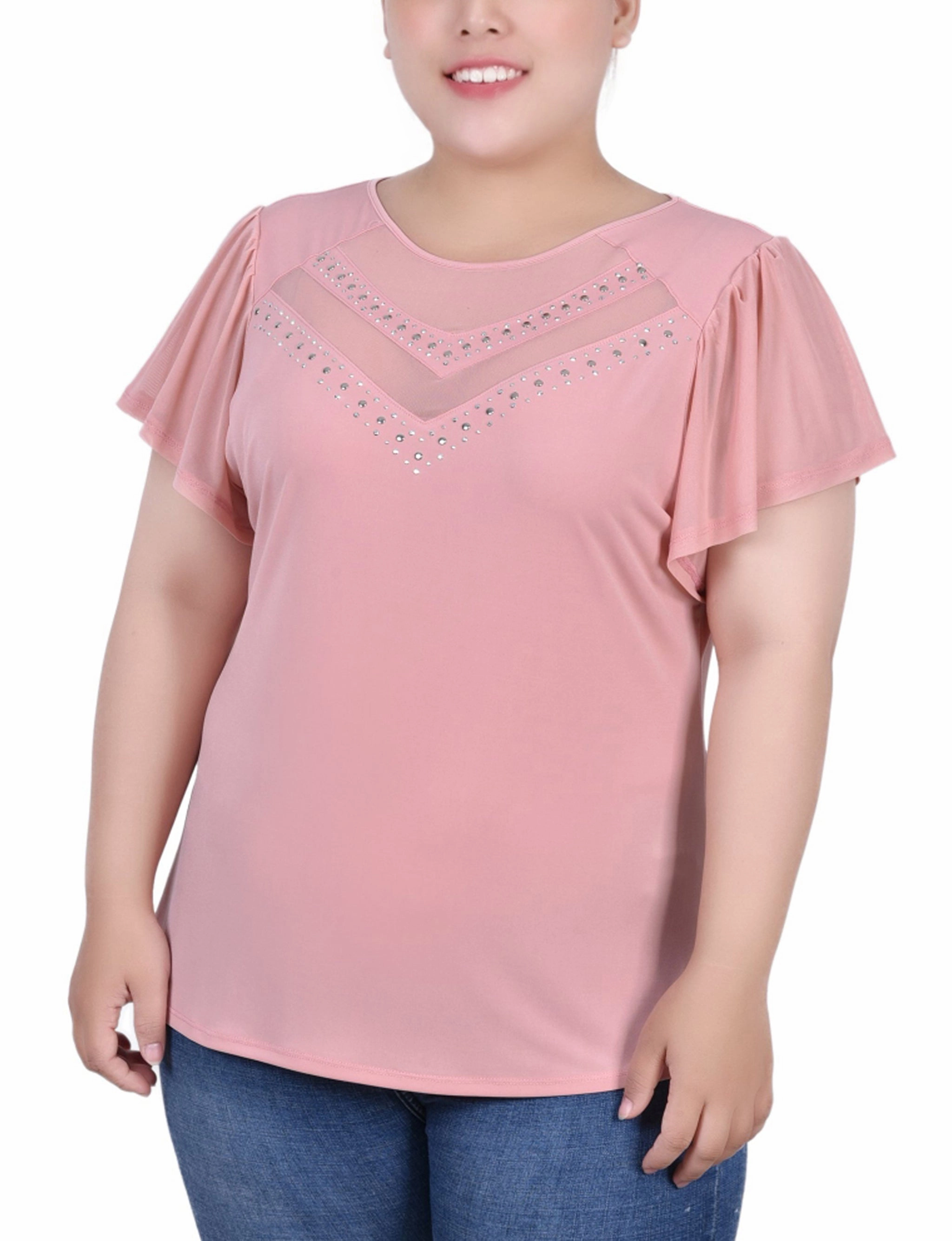 Plus Size Studded Short Flutter Sleeve Top With Mesh Details Bamboo Derived Material AbrasionResistant