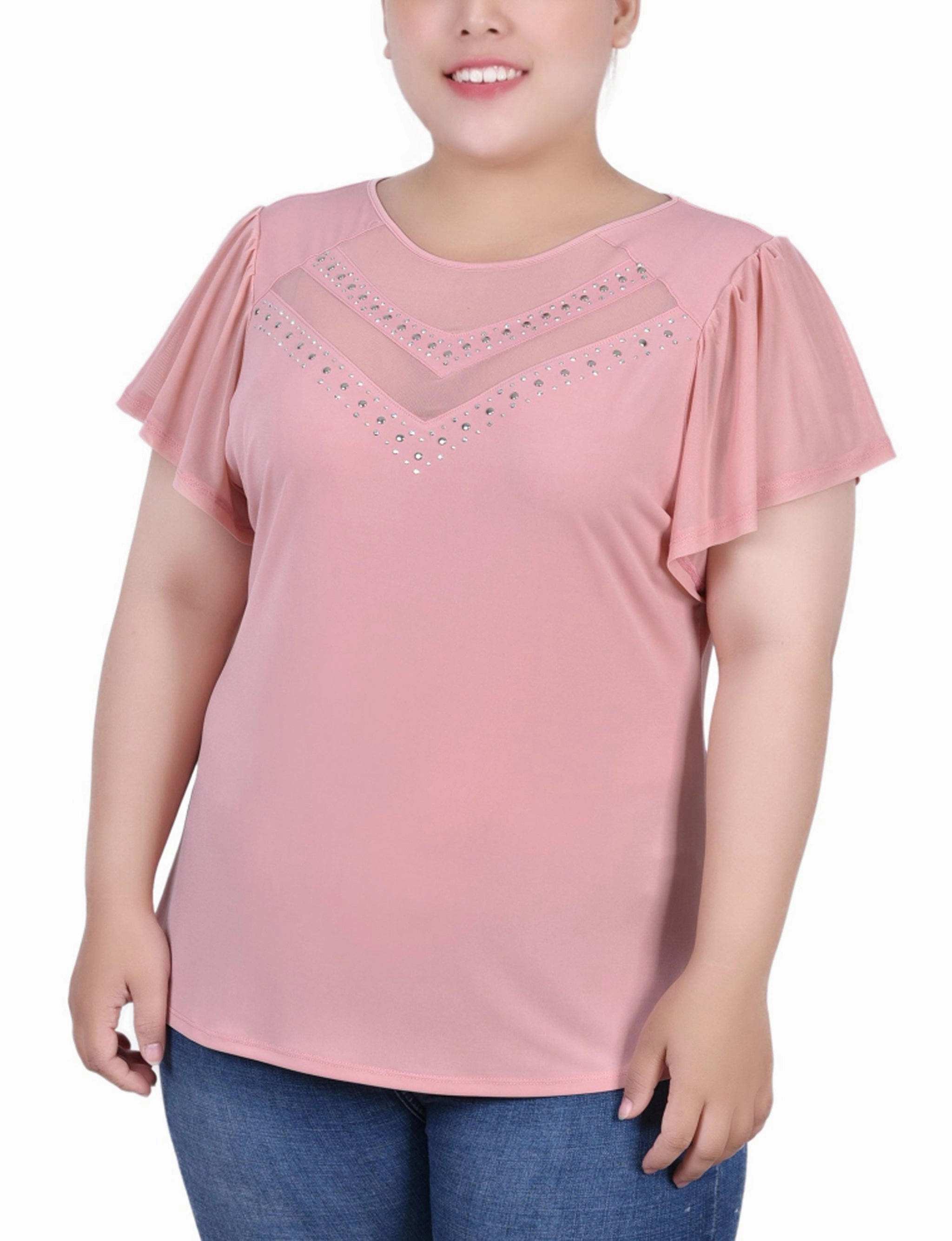 Bluesign Approved Material Plus Size Studded Short Flutter Sleeve Top With Mesh Details