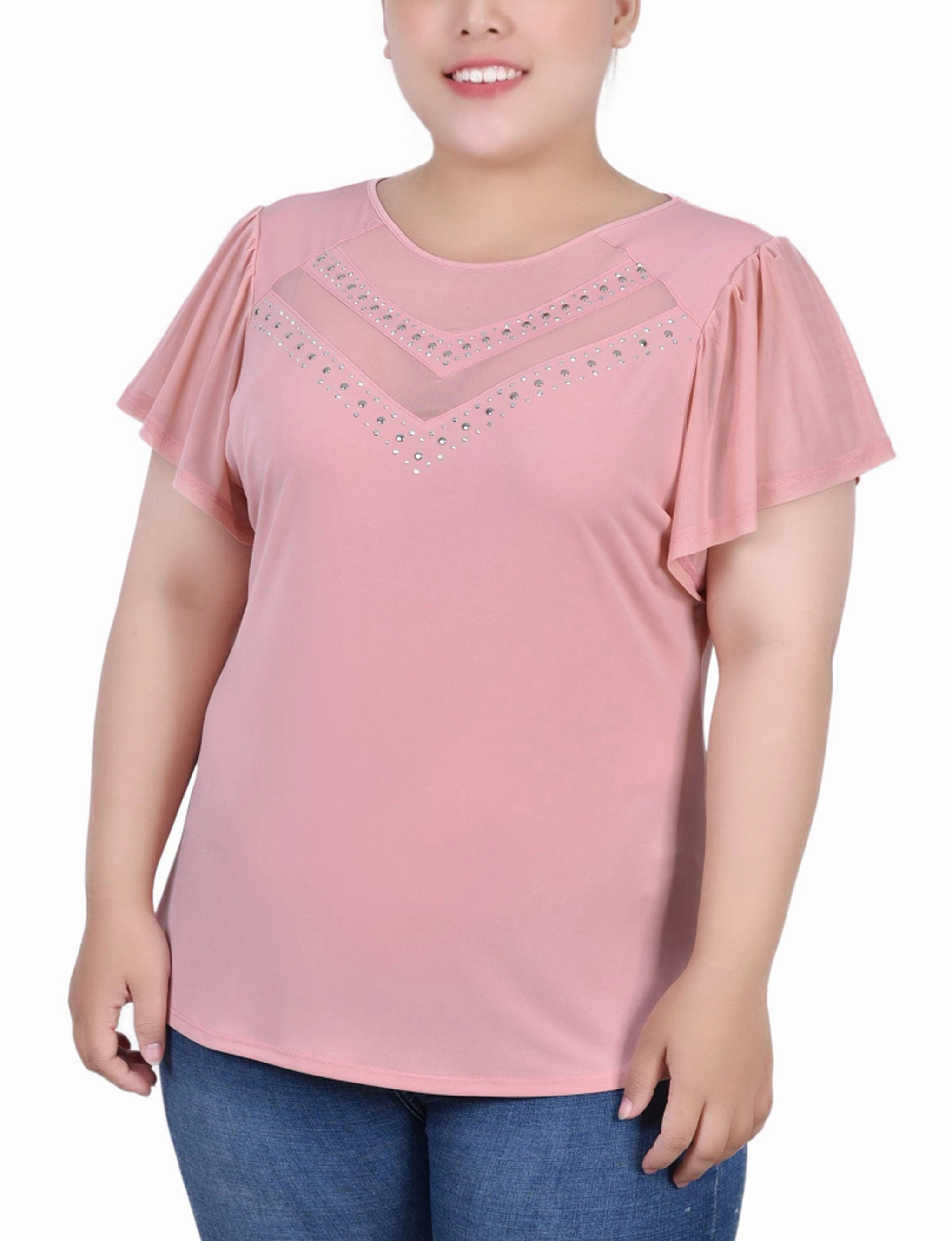 Plus Size Studded Short Flutter Sleeve Top With Mesh Details Circular Knit Adjustable Cuff System