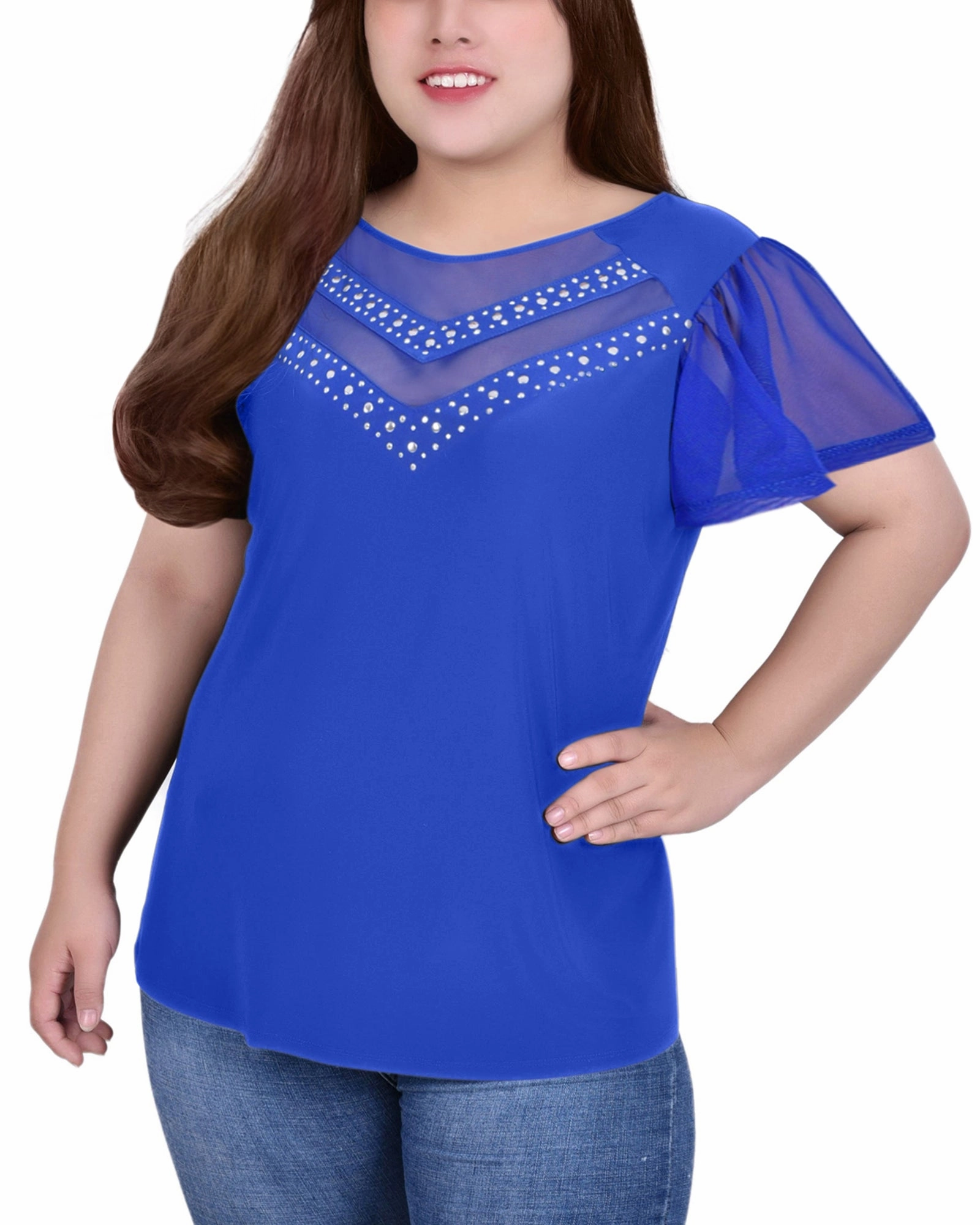 Plus Size Studded Short Flutter Sleeve Top With Mesh Details Layered Hemline FadeResistantTechnology