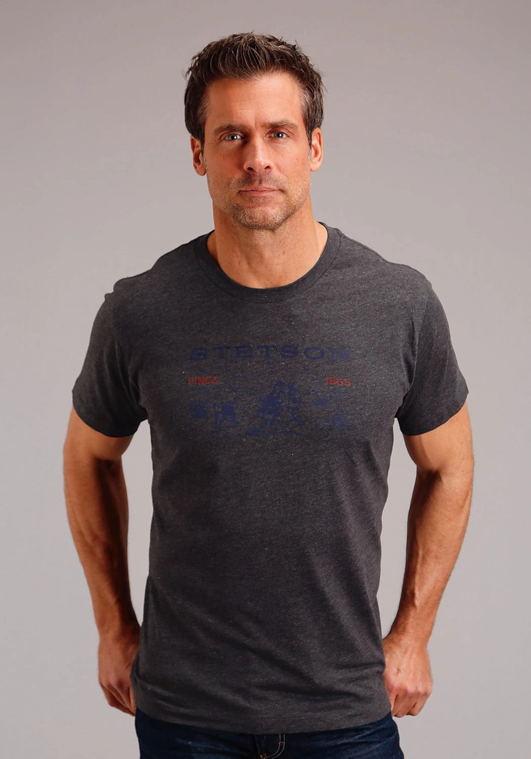 Weekend Style Stetson Mens Dark Grey Cotton Blend Desert Scene S/S T-Shirt