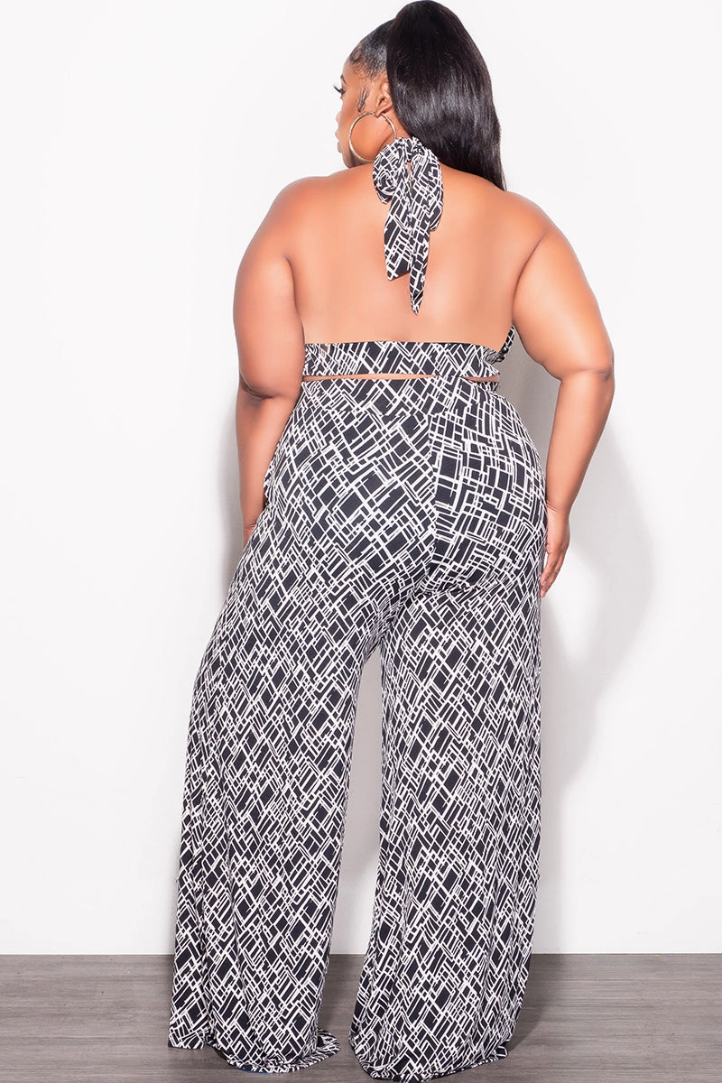 Indoor Comfort Final Sale Plus Size 2pc Halter Bra Tie Top and Pants Set in Black & White Print