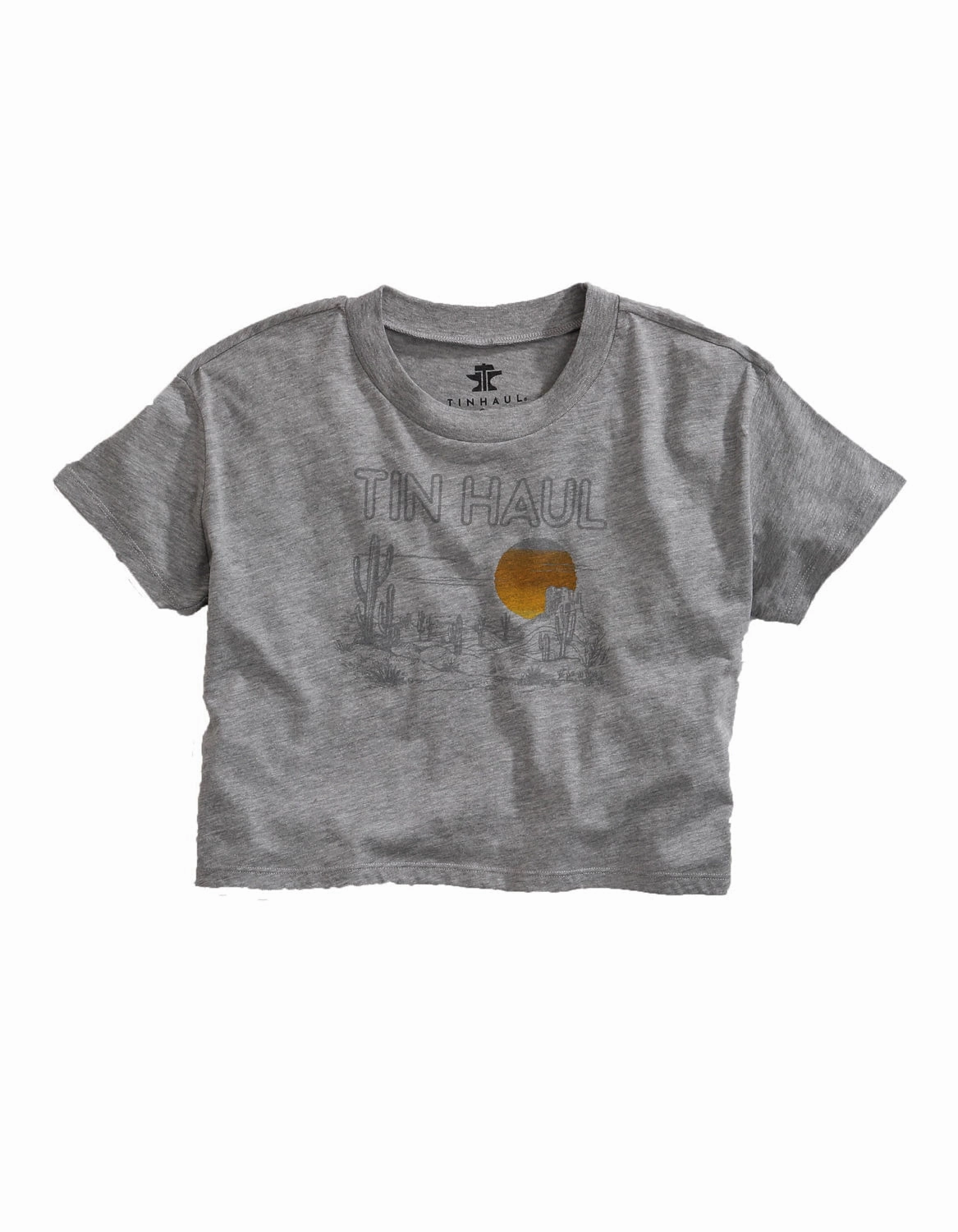 Tin Haul Womens Grey Cotton Blend Desert Scenery S/S Crop T-Shirt Lounge Comfort Fitted Silhouette