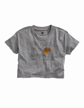 Tin Haul Womens Grey Cotton Blend Desert Scenery S/S Crop T-Shirt Lounge Comfort Fitted Silhouette