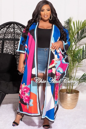 Final Sale Plus Size Caftan in Royal Blue Multi Color Floral Print Temperature Regulating Fabric Move Comfort