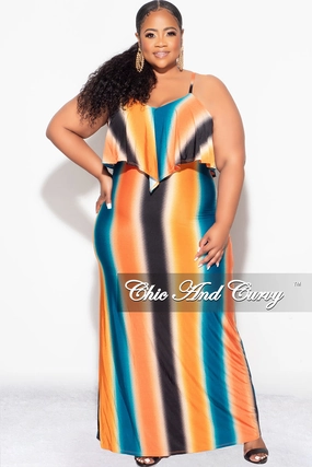 Final Sale Plus Size Maxi Dress with Spaghetti Straps & Overlay Ruffle in Orange, Black & Teal Vertical Stripes Urban Fit