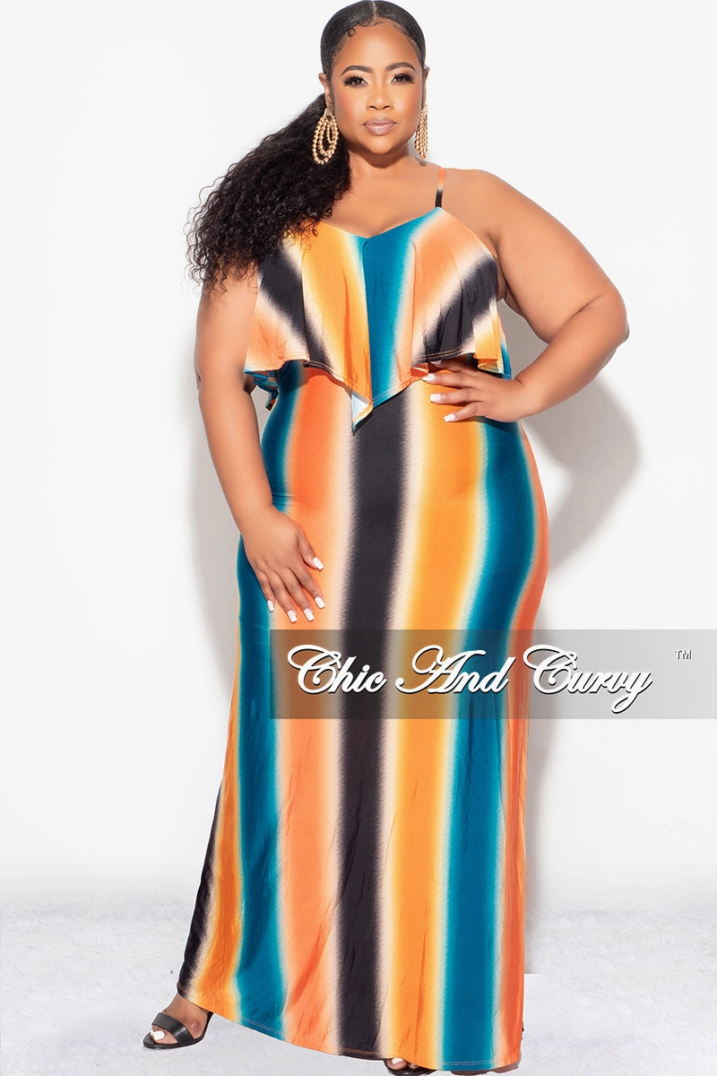 Refined fit Basic Stretch Final Sale Plus Size Maxi Dress with Spaghetti Straps & Overlay Ruffle in Orange, Black & Teal Vertical Stripes