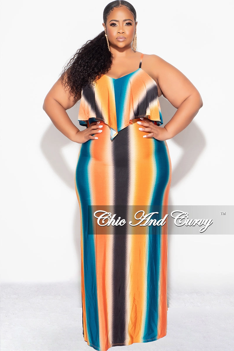 Active Utility Form Fitting Final Sale Plus Size Maxi Dress with Spaghetti Straps & Overlay Ruffle in Orange, Black & Teal Vertical Stripes
