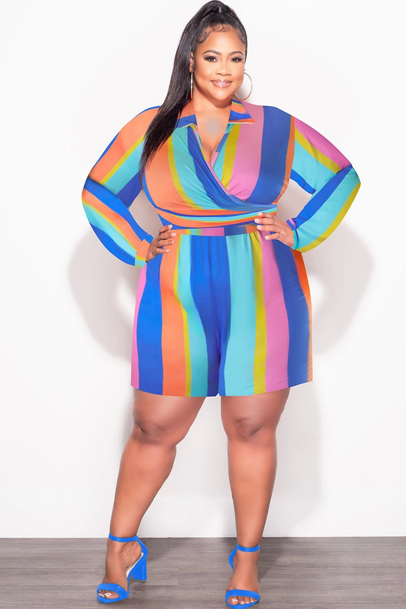 Final Sale Plus Size 2pc Set with Collar Crop Tie Top and Shorts Set in Multi Color Stripe Print Multi Panel Construction